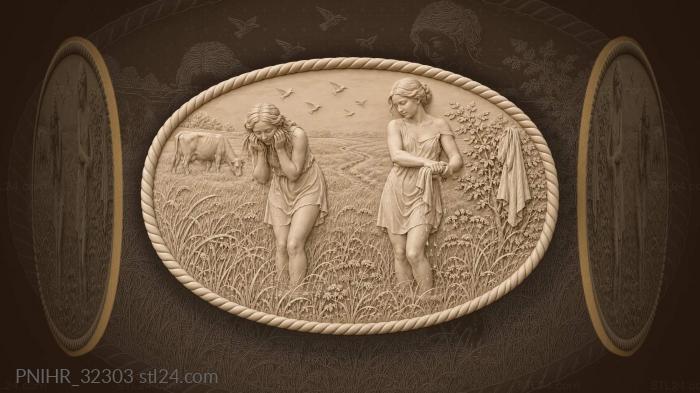Dawn meadow girls with wet grass 3d STL model