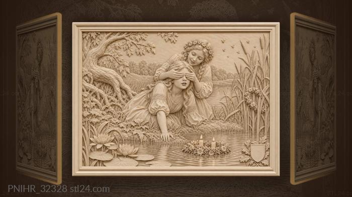 Girl setting a candlelit wreath afloat 3d STL model