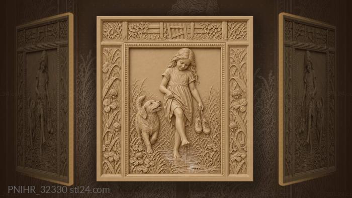 Barefoot child follows dog through wet grass 3d STL model