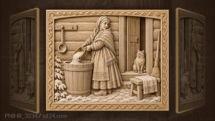 Shawled girl tipping snow into a tub 3d STL model