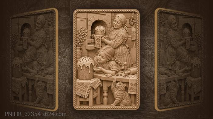 Grandmother serves fresh bread to eager granddaughter 3d STL model