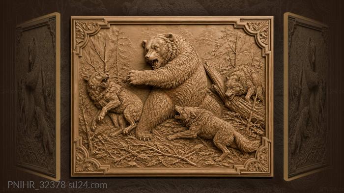 Cornered bear swats wolf as pack closes 3d STL model