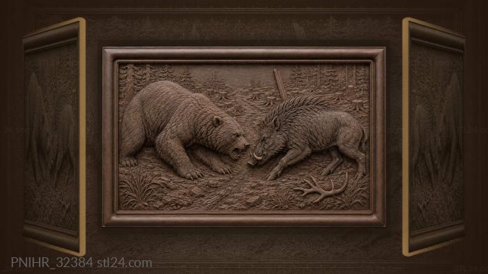 Bear meets a tusked boar head on 3d STL model