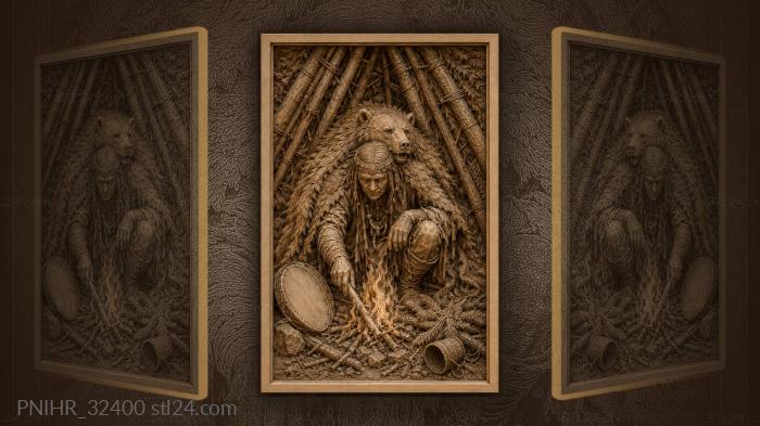 Shaman with bear spirit fire 3d STL model