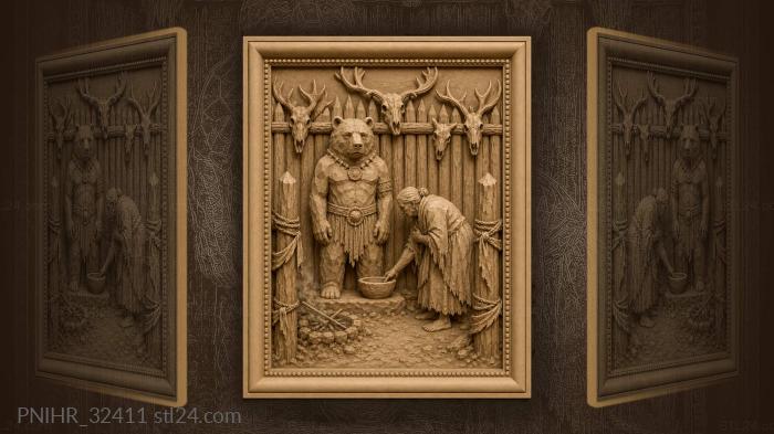 Old woman offers bowl to bear spirit 3d STL model