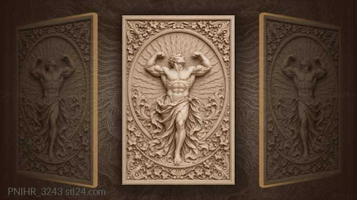 Strongman rising from a sunburst 3d STL model