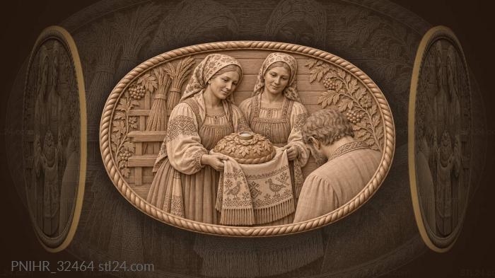 Women offer salted loaf on birdwork linen 3d STL model