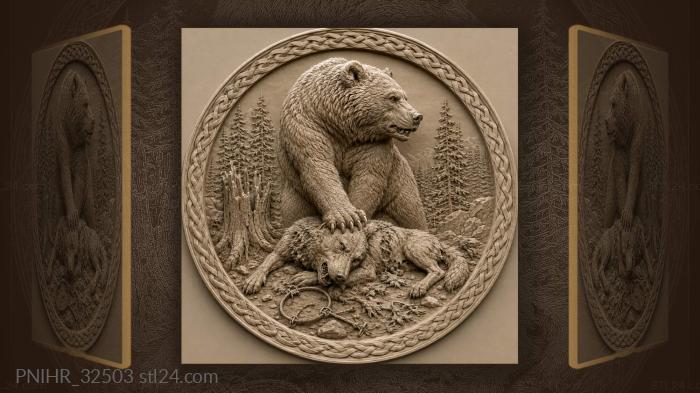 Victorious bear pins wolf beside snapped snare 3d STL model