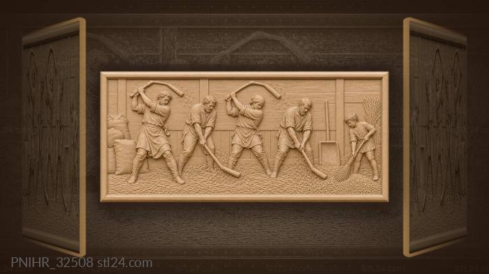 Four men thresh while boy sweeps 3d STL model