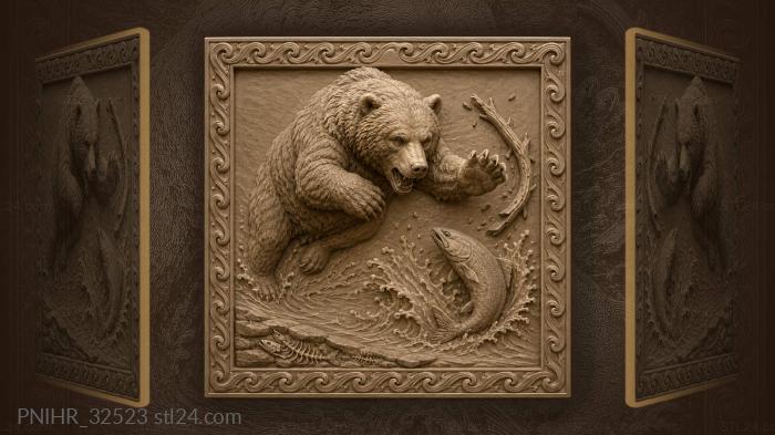 Bear swiping at a breaking salmon 3d STL model