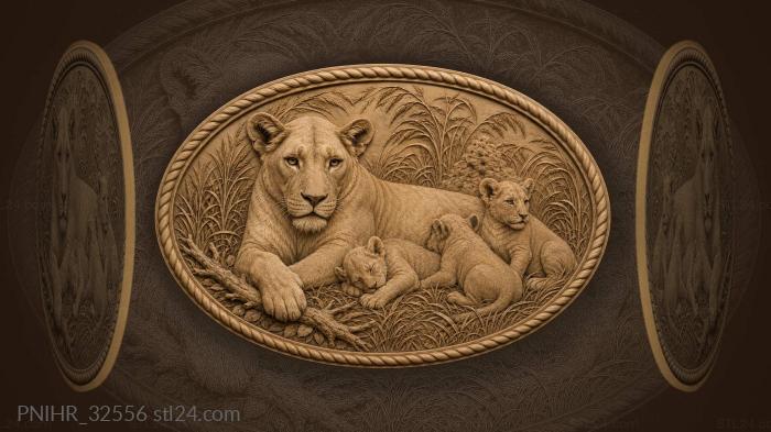 Lioness and playful cubs in savanna 3d STL model