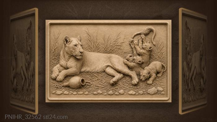 Lioness with playful cubs in grass 3d STL model