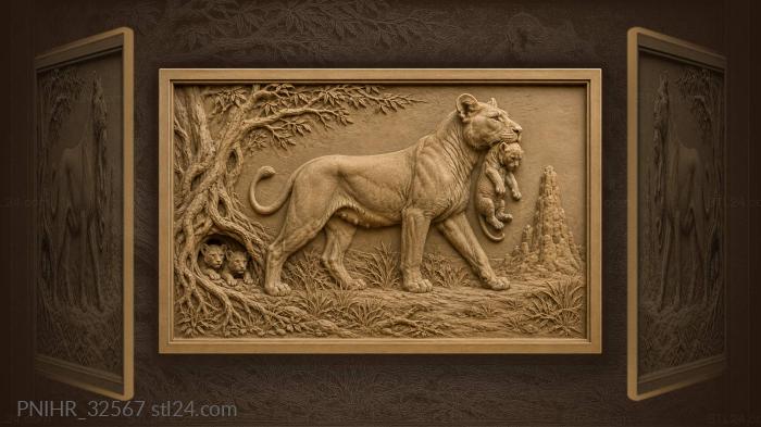 Mother lioness carries cub toward siblings 3d STL model