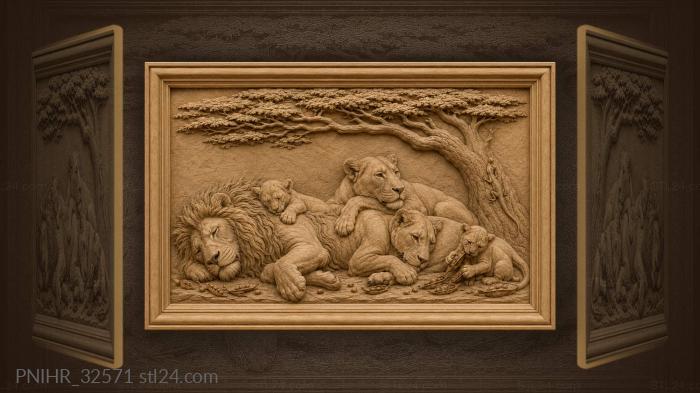 Sleepy lions lounge while cub chews seedpod 3d STL model