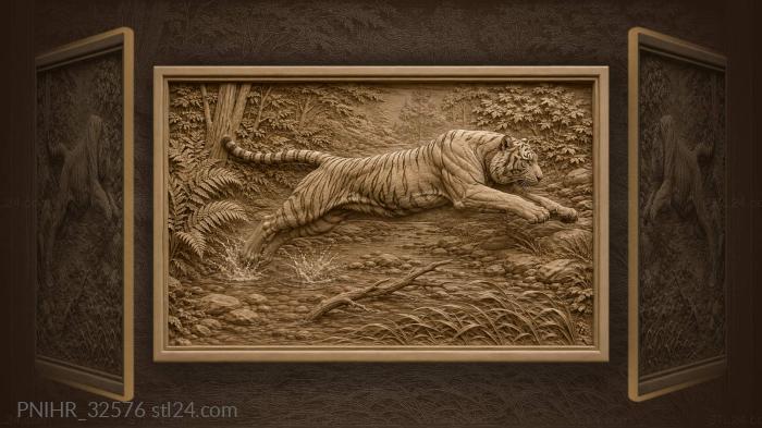 Tiger leaps across forest brook 3d STL model