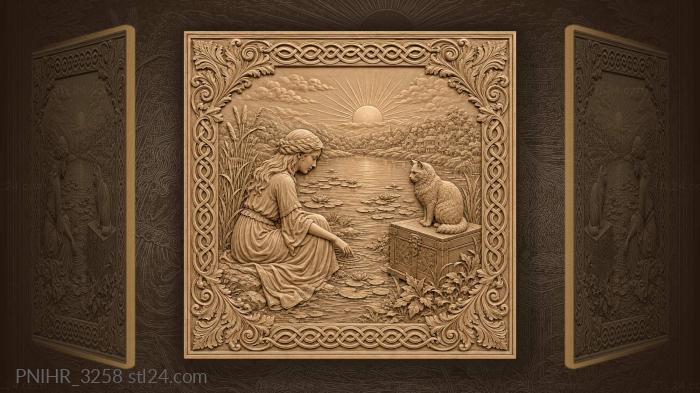 Cats lilies sunrise distant village 3d STL model