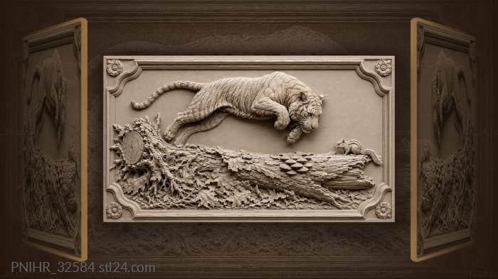 Leaping tiger clears a fallen trunk 3d STL model