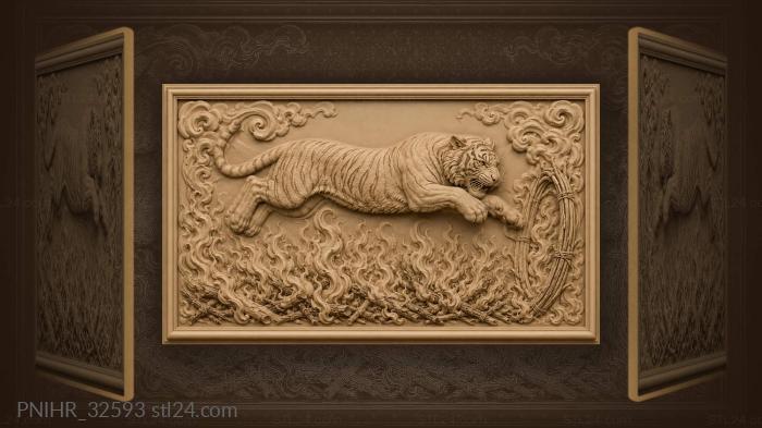 Tiger leaps burning brushwood flames 3d STL model
