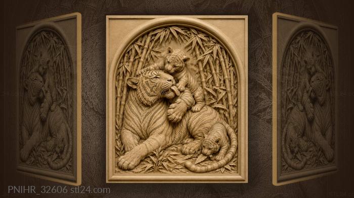 Tigress with playful cubs bamboo forest 3d STL model