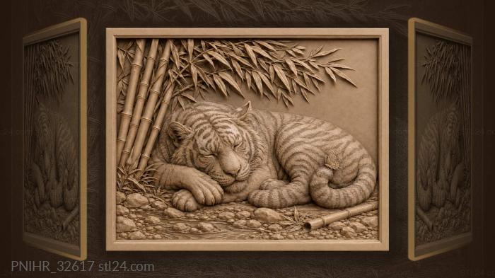 Sleeping tiger curls beneath bamboo leaves 3d STL model