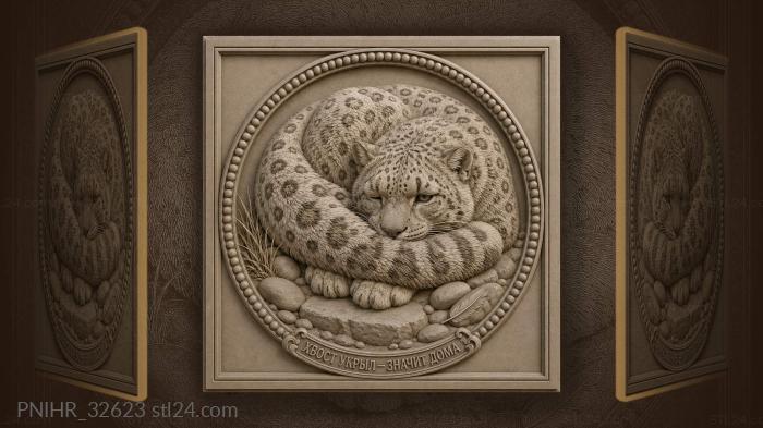 Snow leopard rests among stones 3d STL model
