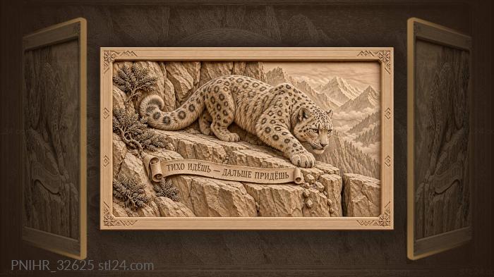 Silent snow leopard advances beyond rocky crack 3d STL model