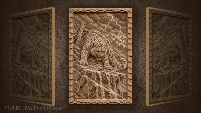 Snarling snow leopard defies rain and lightning 3d STL model