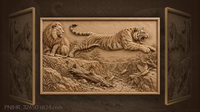 Tiger leaping a gully as a lion watches 3d STL model
