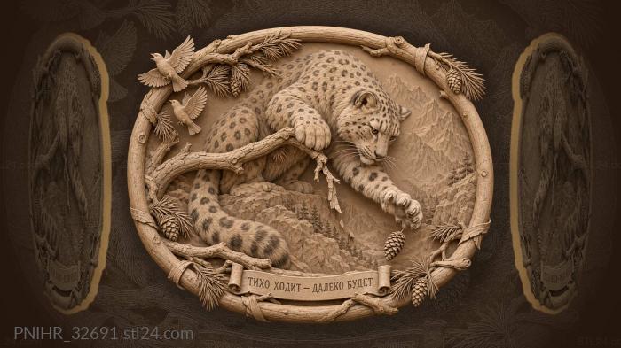 Playful snow leopard snatches cone beneath birds 3d STL model