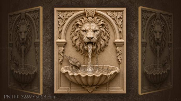 Lion fountain gives sparrow a drink 3d STL model