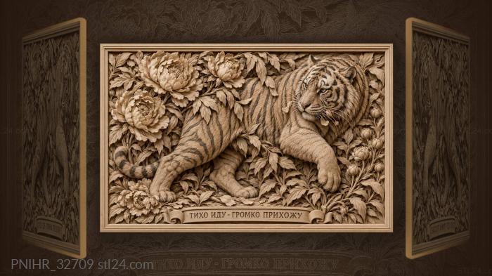 Tiger among blooming peonies power 3d STL model