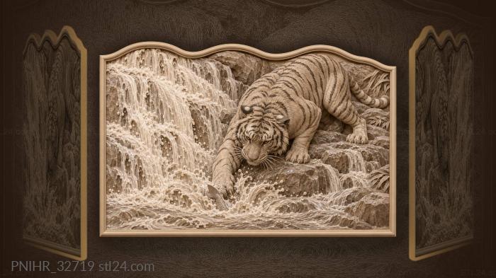 Tiger catches fish beneath the waterfall 3d STL model