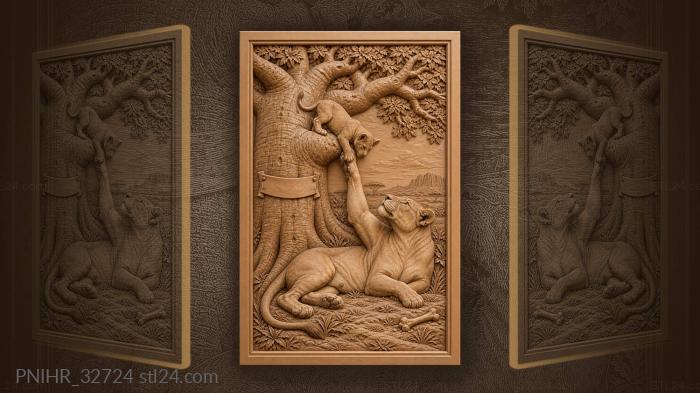 Lioness and cub under baobab tree 3d STL model