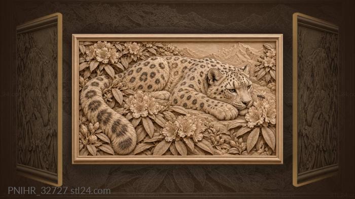 Snow leopard among rhododendron blossoms 3d STL model