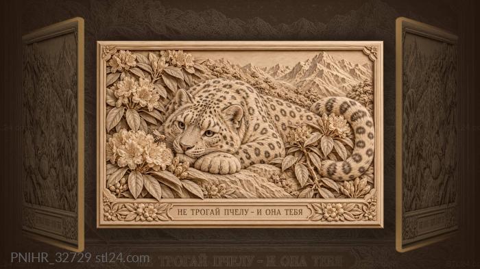 Snow leopard and rhododendron bloom 3d STL model