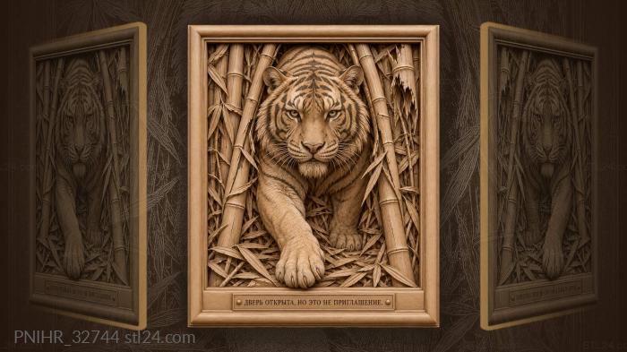 Tiger amidst bending bamboo stalks 3d STL model