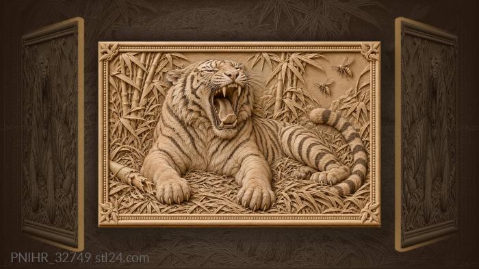 Tiger yawns beside hornets and bamboo 3d STL model