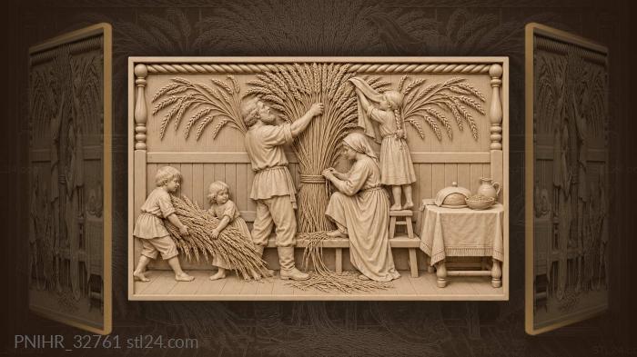 Children bring straw as parents bind 3d STL model