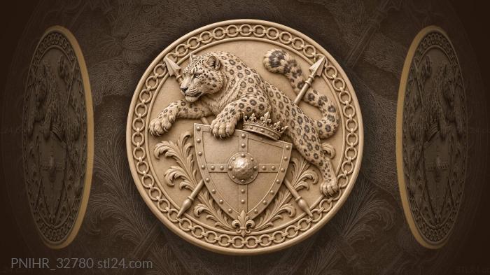 Heraldic snow leopard vaults above crowned shield 3d STL model
