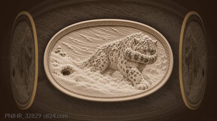 Windblown snow leopard shields muzzle with tail 3d STL model