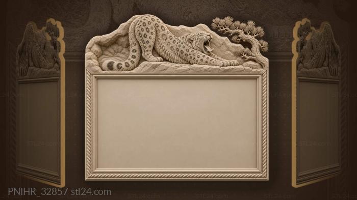 Yawning snow leopard stretches beside dwarf pine 3d STL model