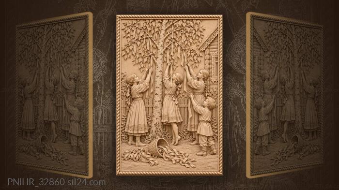 Girls tying ribbons onto a young birch 3d STL model
