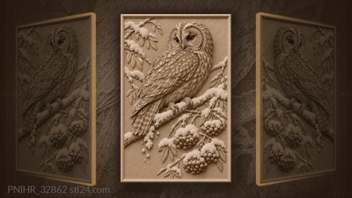 Tawny owl on snowy rowan with berries 3d STL model