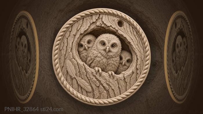 Owlets in hollow tree trunk 3d STL model