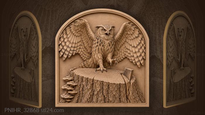 Eagle owl opening wings on sawn stump 3d STL model