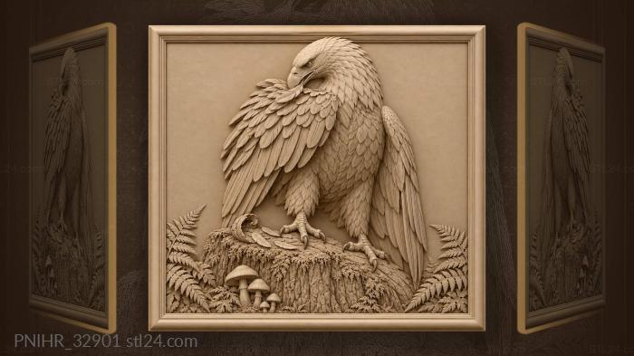 Eagle preening a feather on a mossy stump 3d STL model