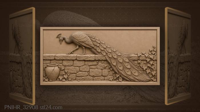 Careful peacock crosses the weathered wall 3d STL model