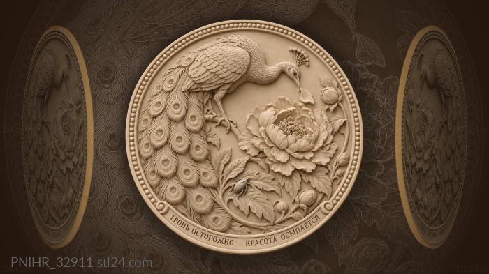 Peacock and blossoming peony flower 3d STL model