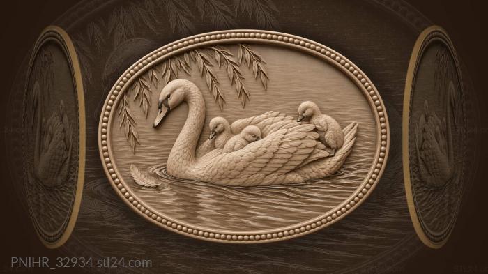 Swan with playful cygnets willow branch 3d STL model