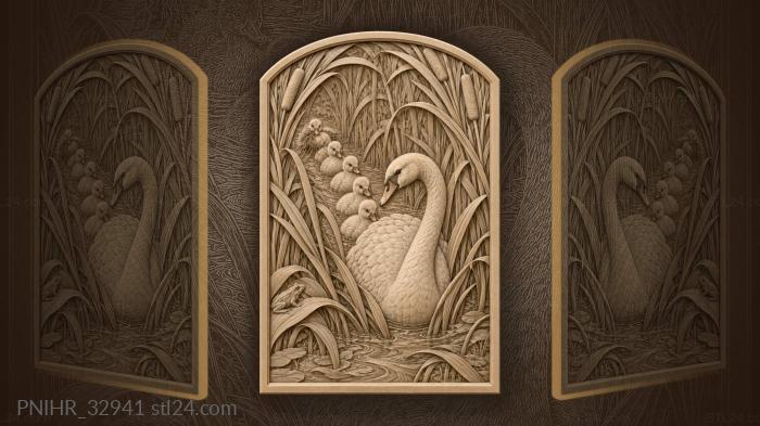 Swan and cygnets among reeds 3d STL model